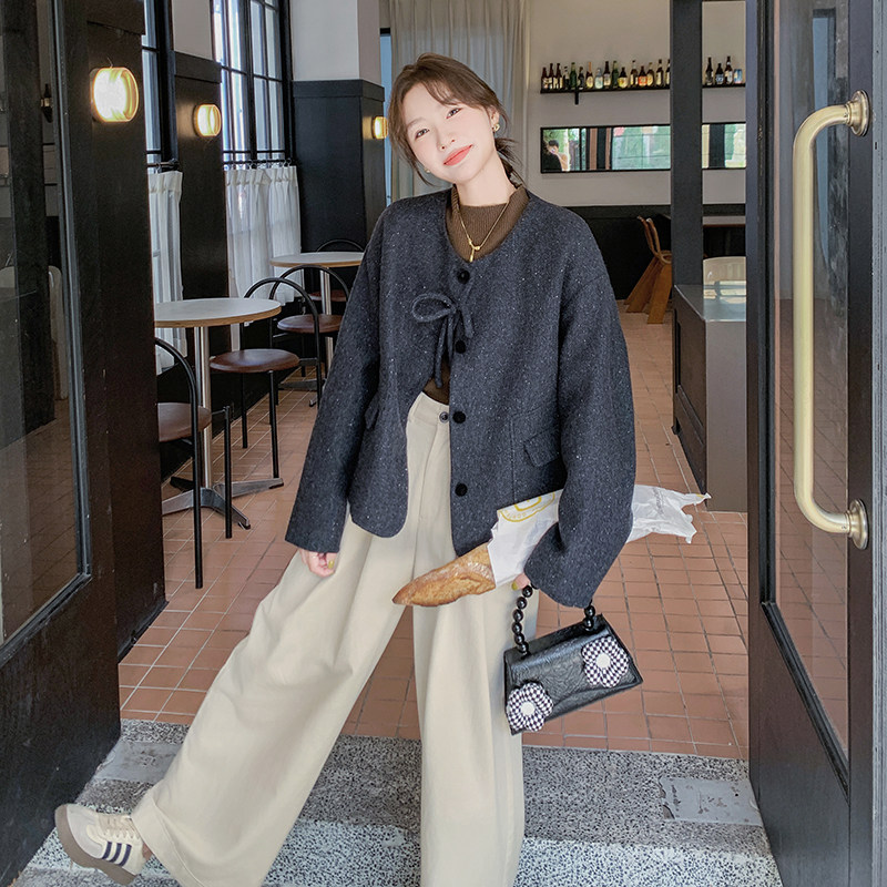 深灰色毛呢外套女冬季2024新款韩版小个子短款洋气蝴蝶结呢子上衣,女装毛呢外套,浙宝099