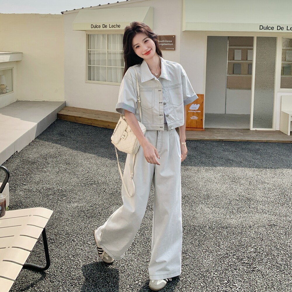 又a又飒工装牛仔套装女2025夏季新款港风高级感外套阔腿裤两件套,女装套装/套裙,浙宝099