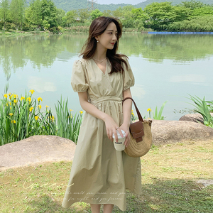法式桔梗v领泡泡袖连衣裙女夏2025新款仙女超仙森系茶歇裙长裙子，女装连衣裙，浙宝099