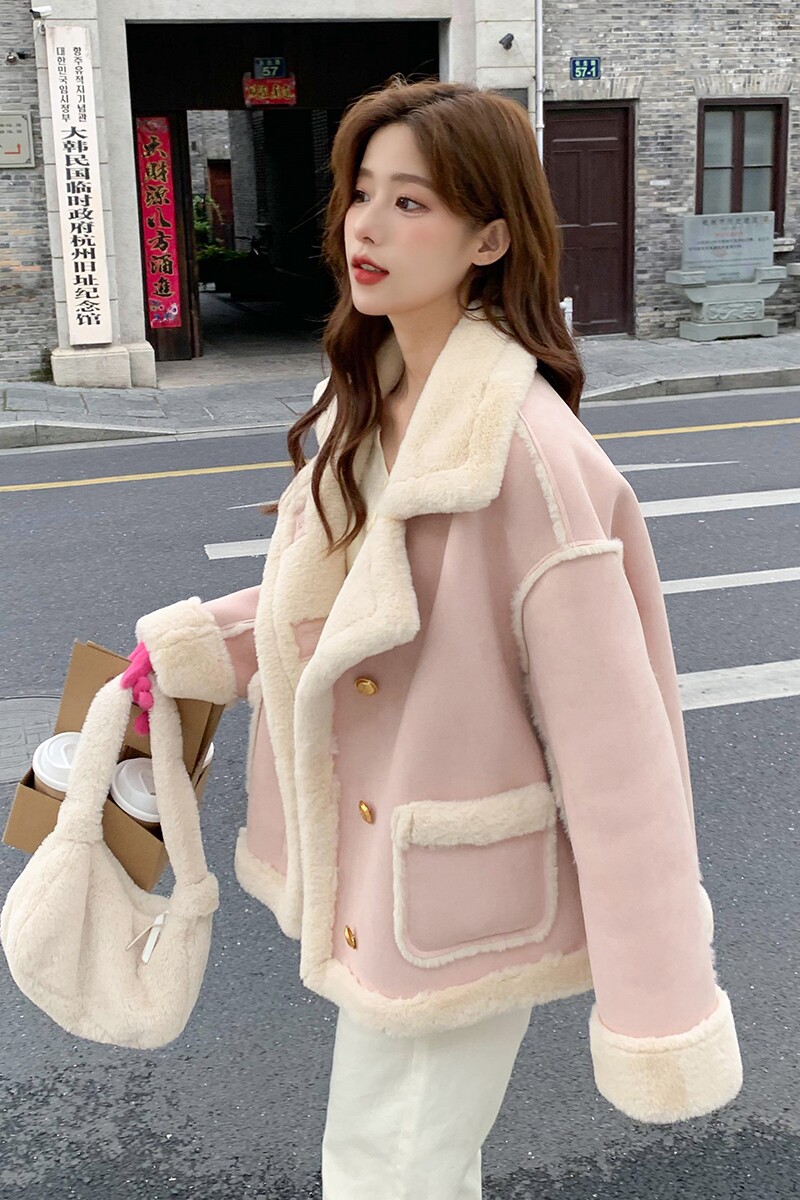 皮毛一体羊羔毛粉色外套女冬季巨好看独特漂亮高级感加绒加厚棉服,女装棉衣/棉服,浙宝099
