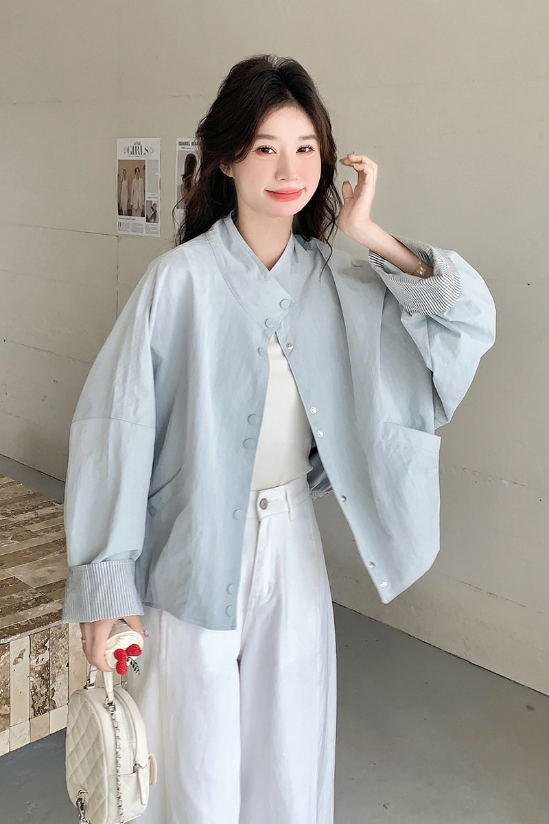 休闲气质浅蓝色短外套女春秋2025新款独特超好看独特漂亮超火上衣,女装短外套,浙宝099