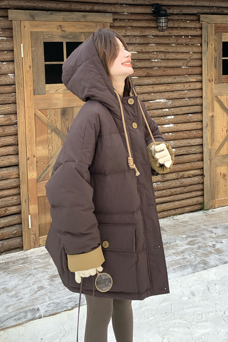 韩版学院风连帽撞色羽绒服女2025冬季新款显瘦加厚保暖白鸭绒外套,女装羽绒服,浙宝099