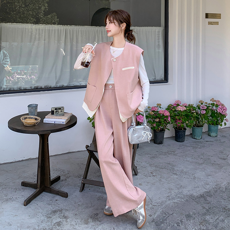 高级感粉色休闲西装马甲阔腿裤女2025春季新款韩版宽松,女装连衣裙,浙宝099