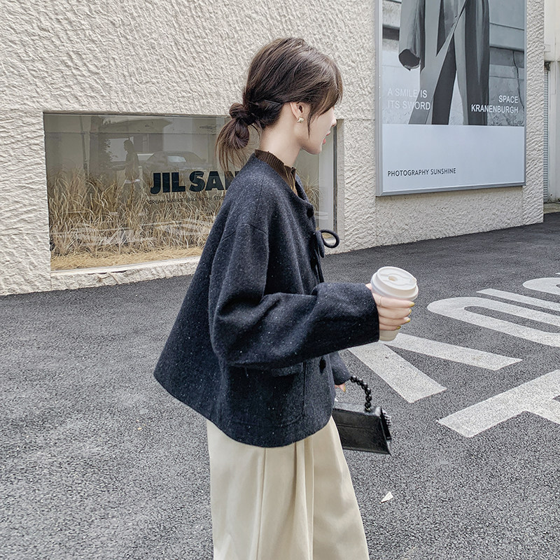 深灰色毛呢外套女冬季2024新款韩版小个子短款洋气蝴蝶结呢子上衣,女装毛呢外套,浙宝099