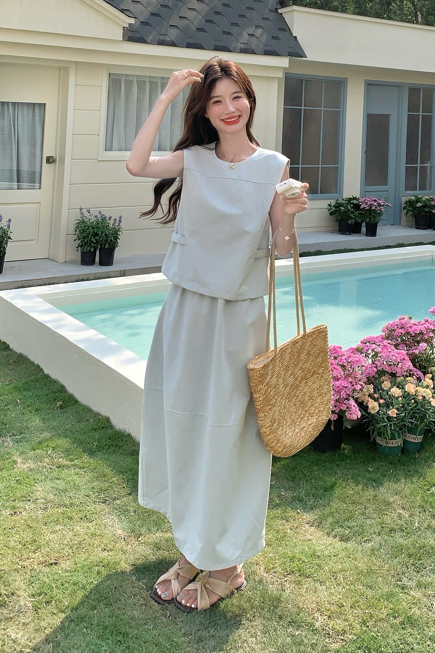 减龄浅蓝色无袖背心半身裙套装女夏新款独特漂亮显瘦小个子两件套,女装套装/套裙,浙宝099