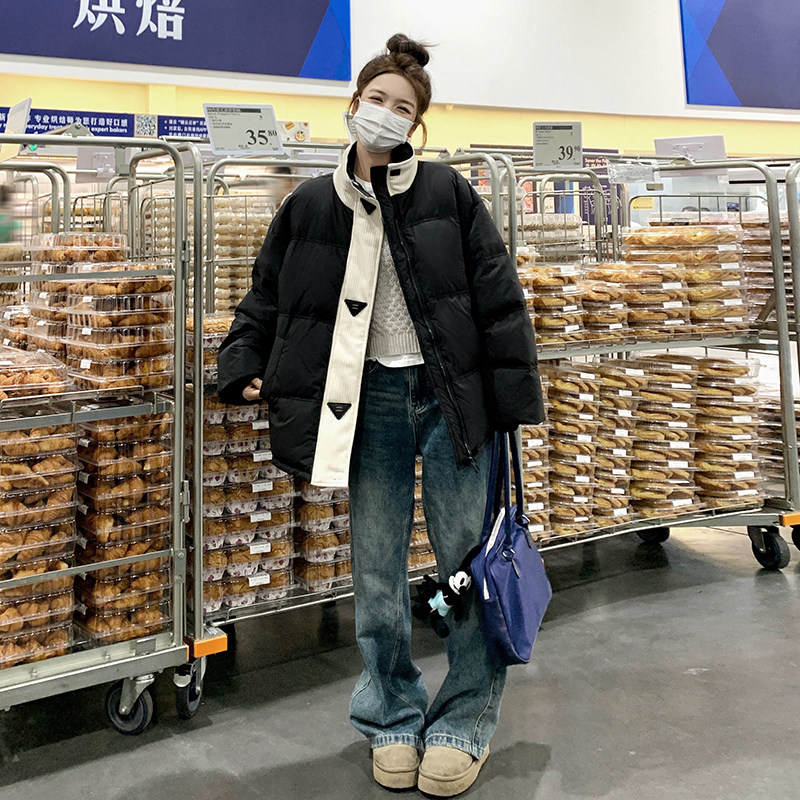 学院风黑色短款羽绒服女冬季2024新款加厚保暖90白鸭绒面包服外套,女装羽绒服,浙宝099