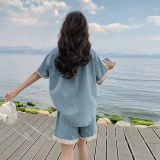 网红爆款小个子牛仔时尚套装女夏2025新款短袖衬衫阔腿短裤两件套，女装套装/套裙，浙宝099