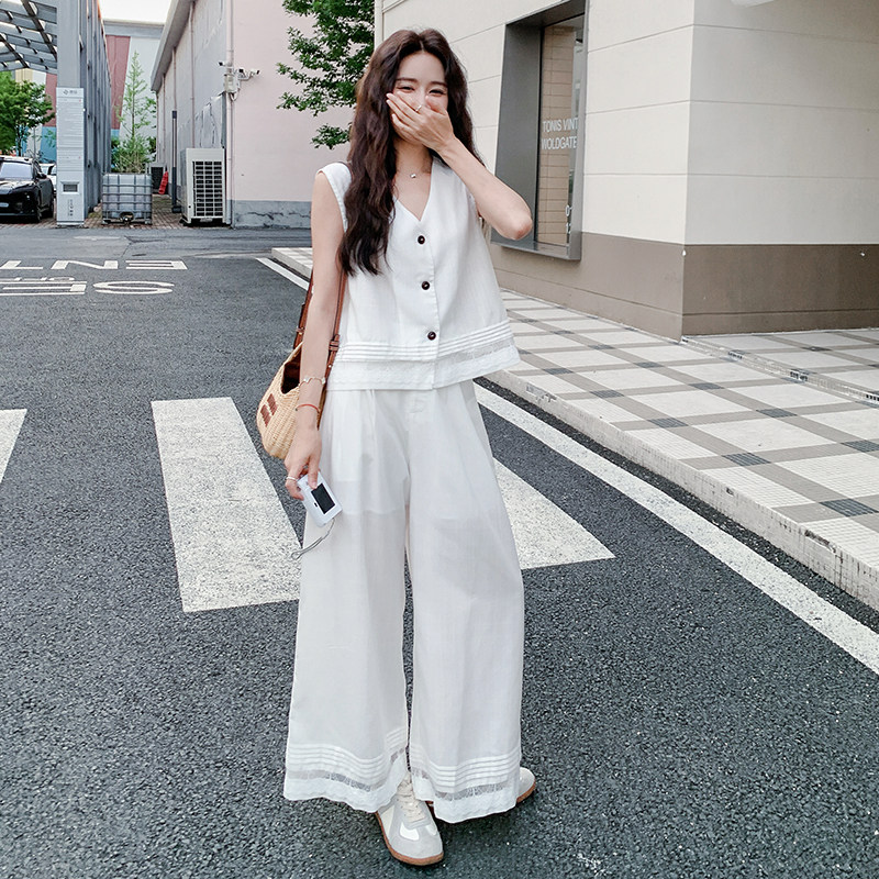 设计感蕾丝拼接马甲阔腿裤两件套女夏薄款气质通勤休闲宽松套装图片