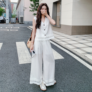 设计感蕾丝拼接马甲阔腿裤两件套女夏薄款气质通勤休闲宽松套装图片
