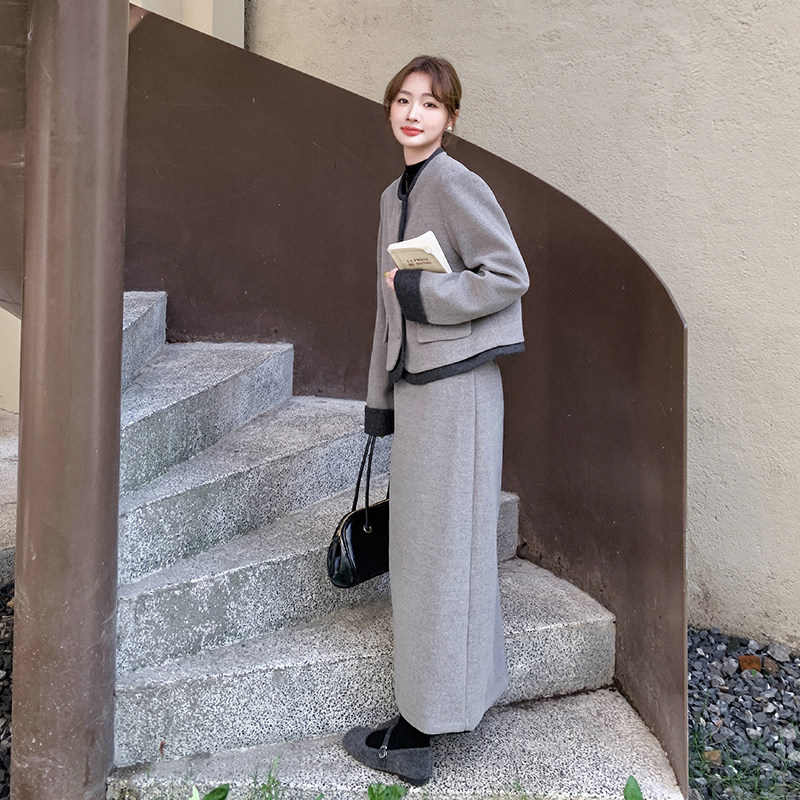 毛呢套装裙女2024冬新款高级感名媛外套半身裙小香风职业厚两件套,女装毛呢外套,浙宝099