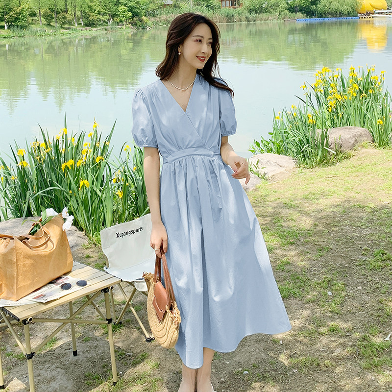 法式桔梗v领泡泡袖连衣裙女夏2025新款仙女超仙森系茶歇裙长裙子,女装连衣裙,浙宝099