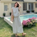 减龄浅蓝色无袖背心半身裙套装女夏新款独特漂亮显瘦小个子两件套，女装套装/套裙，浙宝099