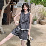 蕾丝花边灰色牛仔背心套装女2025夏季设计感可盐可甜小个子两件套，女装套装/套裙，浙宝099