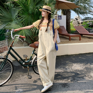 米白色工装背带裤女2025夏季新款设计感小众百搭减龄小个子连体裤图片