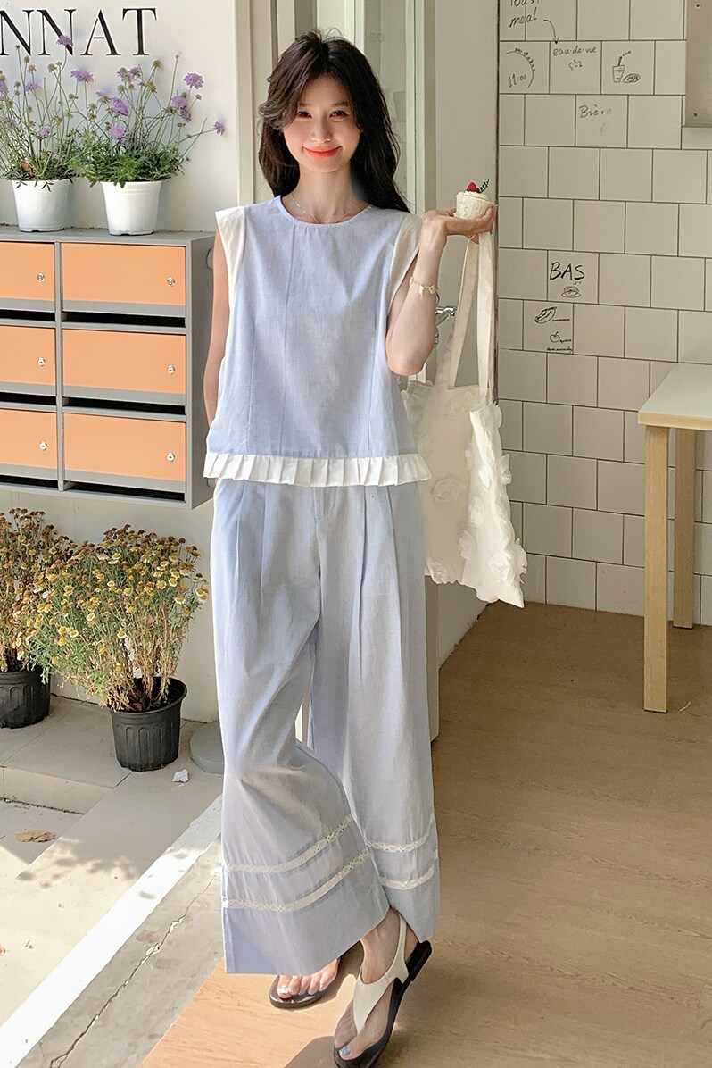 森系小清新休闲套装女2025夏新款宽松小个子无袖背心阔腿裤两件套,女装套装/套裙,浙宝099