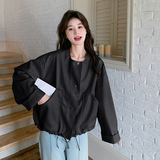 设计感下摆抽绳棒球服皮衣外套女2025年春季新款宽松休闲机车夹克，女装短外套，浙宝099
