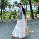 牛仔马甲蕾丝吊带连衣裙套装女夏2025新款气质绝美小众不撞款长裙，女装套装/套裙，浙宝099