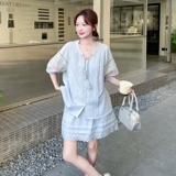 盐甜系穿搭蓝色小衫套装女夏新款韩系温柔风甜美减龄半身裙两件套，女装套装/套裙，浙宝099