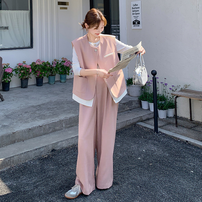 高级感粉色休闲西装马甲阔腿裤女2025春季新款韩版宽松,女装连衣裙,浙宝099