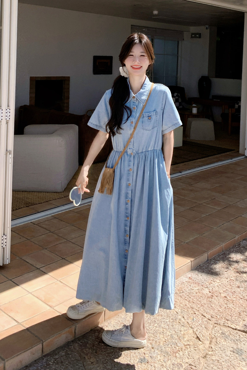 浅蓝色复古短袖牛仔连衣裙女2025夏季新款慵懒风收腰显瘦A字裙潮,女装连衣裙,浙宝099