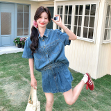 蓝色复古可盐可甜牛仔套装女小个子2025夏新款短袖衬衫短裙两件套，女装套装/套裙，浙宝099