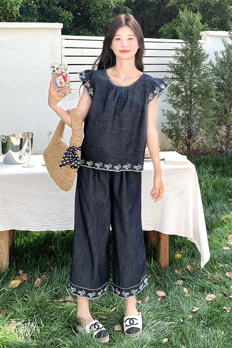 轻熟风韩系小飞袖牛仔套装女夏新款轻薄显瘦小个子阔腿裤两件套,女装套装/套裙,浙宝099
