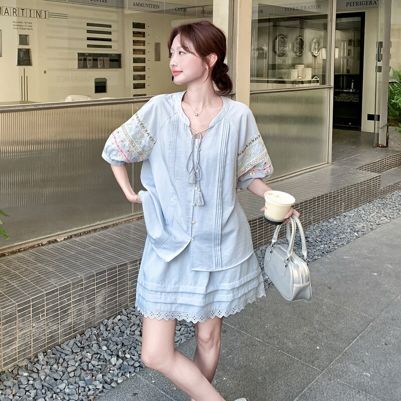 盐甜系穿搭蓝色小衫套装女夏新款韩系温柔风甜美减龄半身裙两件套,女装套装/套裙,浙宝099