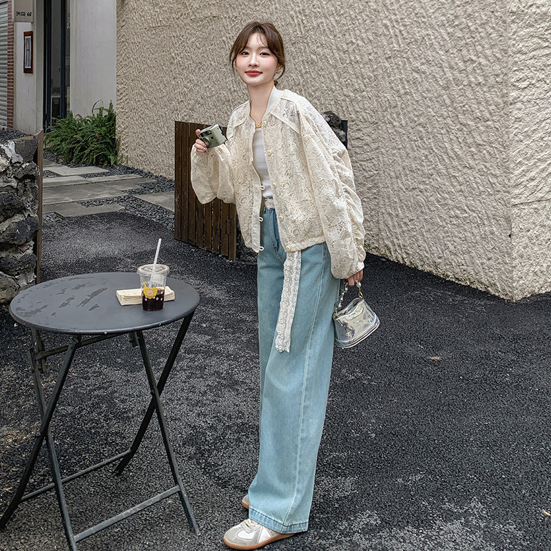 米杏色蕾丝镂空棒球服外套女2025春季新款高级感温柔风休闲夹克潮,女装短外套,浙宝099
