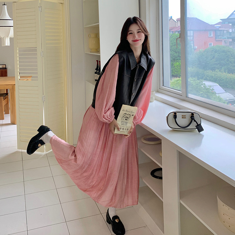 盐甜系穿搭pu皮马甲配粉色连衣裙女2025早春新款显瘦长裙两件套装,女装连衣裙,浙宝099