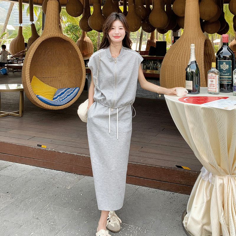 灰色盐甜系穿搭休闲背心套装裙女夏季新款显瘦半身裙两件套连衣裙,女装套装/套裙,浙宝099