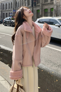 皮毛一体外套女2024冬chic又酷又飒韩系加厚摇粒绒粉色休闲羊羔毛图片
