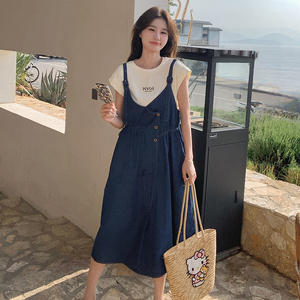 牛仔蓝背带裙女夏2025新款韩版宽松减龄可爱日系复古中长款连衣裙