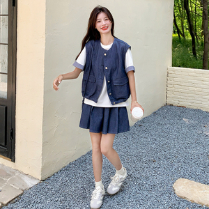 学院风小个子休闲三件套女2025夏季新款甜酷风牛仔马甲T恤半身裙图片