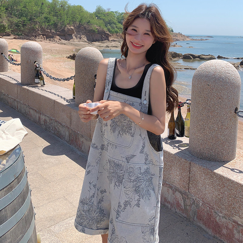 新中式国风水墨画背带裤套装女夏季小个子网红俏皮减龄时尚短裤子,女装休闲裤,浙宝099