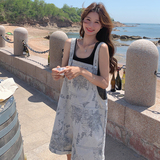 新中式国风水墨画背带裤套装女夏季小个子网红俏皮减龄时尚短裤子，女装休闲裤，浙宝099