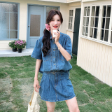 蓝色复古可盐可甜牛仔套装女小个子2025夏新款短袖衬衫短裙两件套，女装套装/套裙，浙宝099