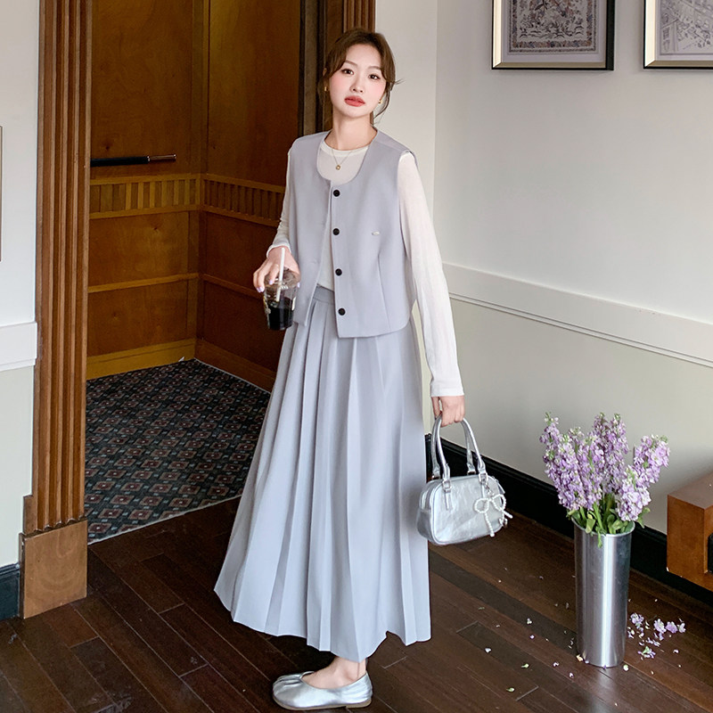 蓝色灰色马甲时尚套装女2025春季新款气质显瘦百褶裙连衣裙两件套图片