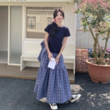 休闲松弛感一整套穿搭女2025夏季新款黑色显瘦短袖格纹半身裙套装，女装套装/套裙，浙宝099