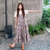 印花裙摆不规则拼接吊带裙两件套女2025夏季文艺日系简约白T套装，女装连衣裙，浙宝099