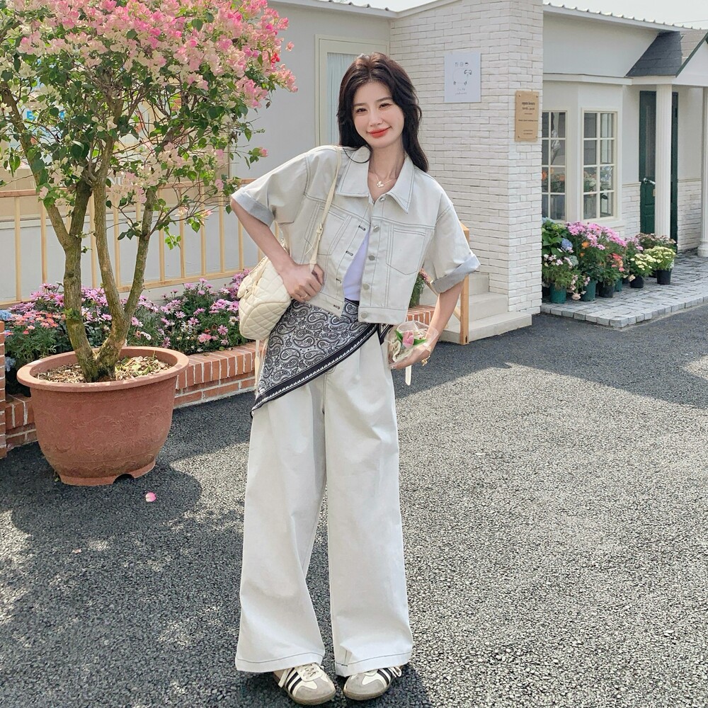 又a又飒工装牛仔套装女2025夏季新款港风高级感外套阔腿裤两件套,女装套装/套裙,浙宝099