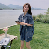 蓝色复古印花牛仔套装女夏装2024新款韩版薄款短袖衬衫短裤两件套，女装套装/套裙，浙宝099
