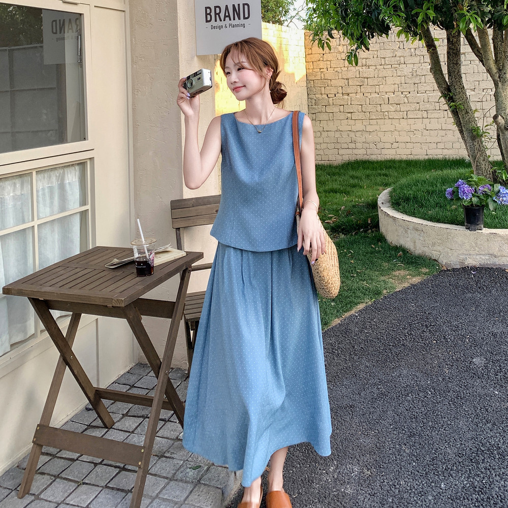 设计感小众韩系淡人套装裙女夏新款薄款休闲背心上衣半身裙两件套,女装连衣裙,浙宝099