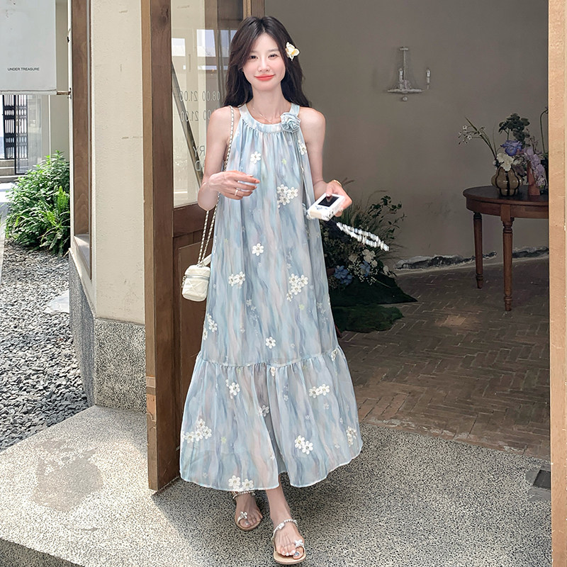 宽松气质森系无袖露肩挂脖大摆长裙女夏新款扎染印花温柔风连衣裙,女装连衣裙,浙宝099