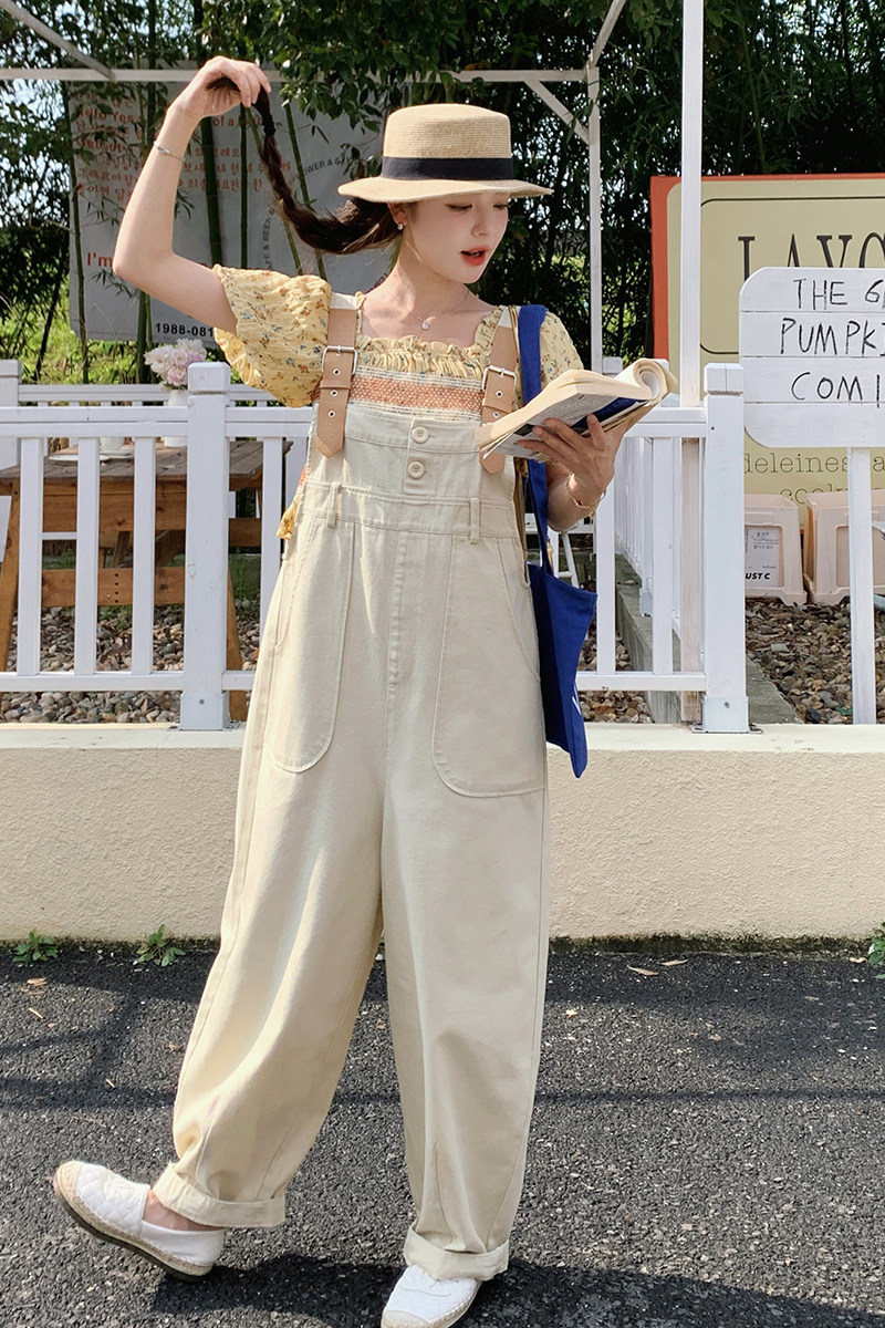 米白色工装背带裤女2025夏季新款设计感小众百搭减龄小个子连体裤,女装休闲裤,浙宝099
