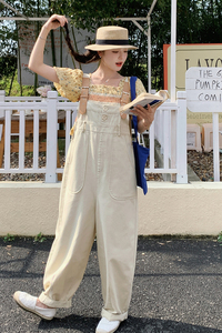 米白色工装背带裤女2025夏季新款设计感小众百搭减龄小个子连体裤图片