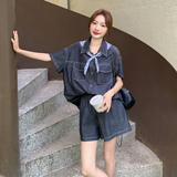 盐甜系穿搭薄款牛仔衬衫套装女夏季新款复古减龄小个子短裤两件套，女装套装/套裙，浙宝099