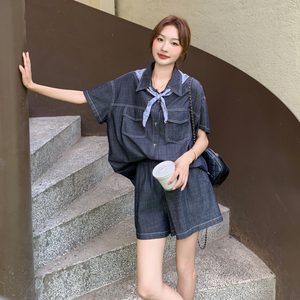 盐甜系穿搭薄款牛仔衬衫套装女夏季新款复古减龄小个子短裤两件套图片