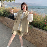 卡其色廓形西装马甲套装裙女2025春季新款韩系设计感百褶裙两件套，女装套装/套裙，浙宝099