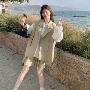 卡其色廓形西装马甲套装裙女2025春季新款韩系设计感百褶裙两件套图片