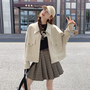 米白色机车夹克外套女2025新款秋爆款休闲短款棒球服小个子上衣潮,无领短皮草怎么搭配图片